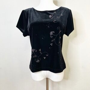 JR Nites by Caliendo Black Velvet Beaded Floral Top Vintage 90s Scoop Back Large